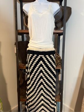 POL Black and Cream Chevron Crochet Midi Skirt